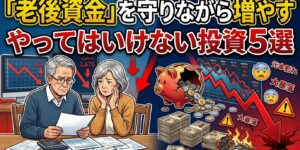 Worried elderly couple review financial papers while stock charts drop and money piles burn in the background.