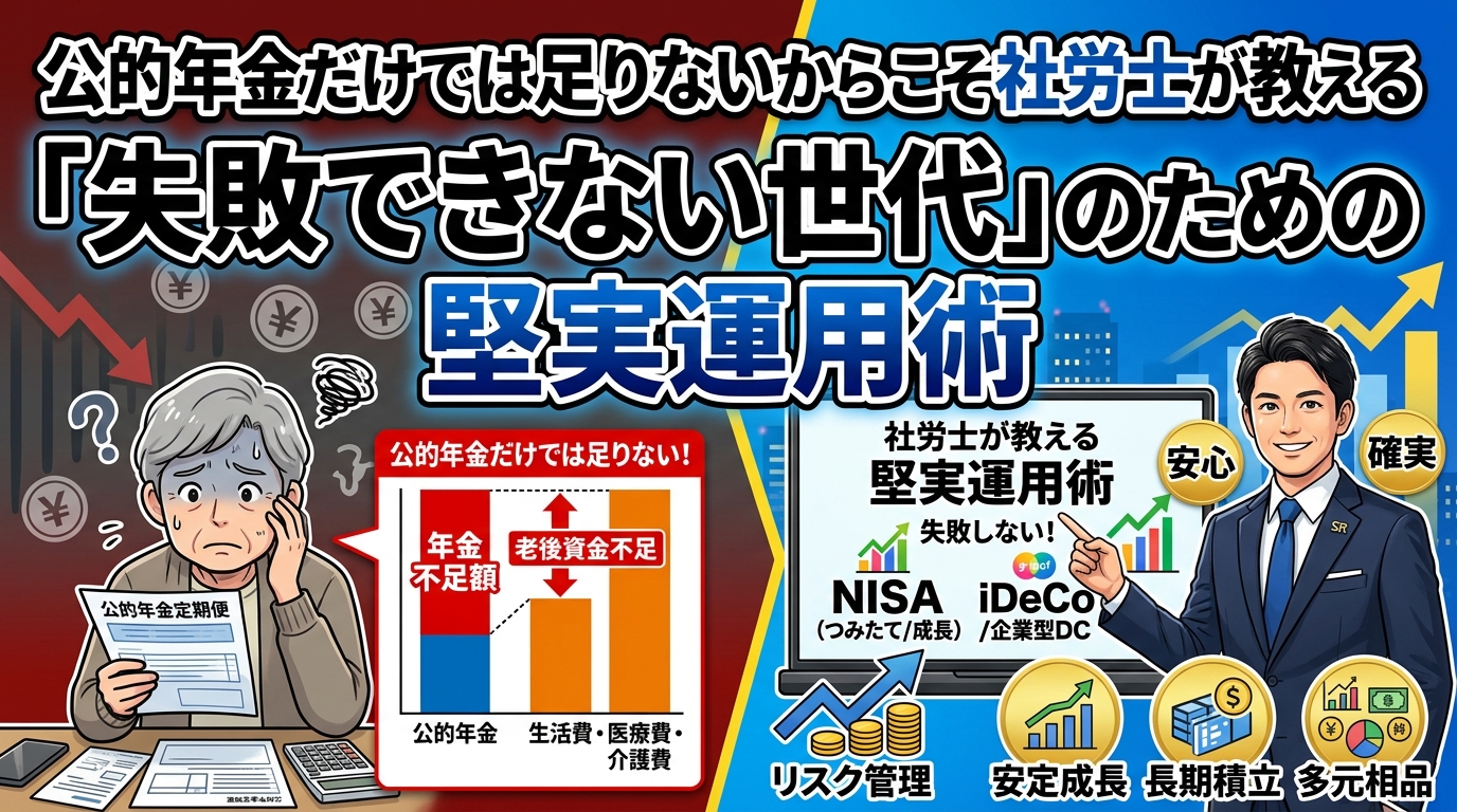 Left: worried elderly man holding pension documents under a red background; right: smiling advisor points to a laptop with rising charts, coins, and growth symbols, illustrating prudent retirement asset management.