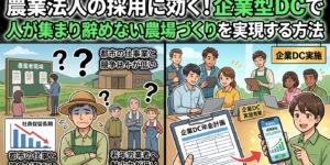 農業法人の採用を改善する図。左は人手不足と都市の競争、右は企業DC導入で解決するイメージ。