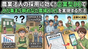 農業法人の採用を改善する図。左は人手不足と都市の競争、右は企業DC導入で解決するイメージ。