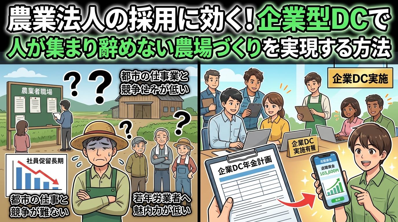 農業法人の採用を改善する図。左は人手不足と都市の競争、右は企業DC導入で解決するイメージ。